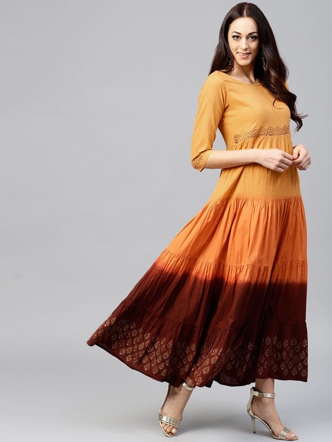 Multi Colored tie and dye Tiered block printed Maxi dress with Round neck and 3/4 sleeves