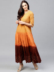 Multi Colored tie and dye Tiered block printed Maxi dress with Round neck and 3/4 sleeves