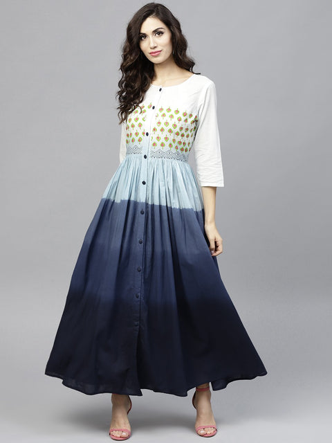 Multi Colored Ombre dyed Round neck Maxi dress with Front placket & 3/4 sleeves