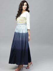 Multi Colored Ombre dyed Round neck Maxi dress with Front placket & 3/4 sleeves