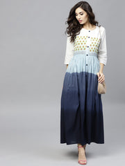 Multi Colored Ombre dyed Round neck Maxi dress with Front placket & 3/4 sleeves