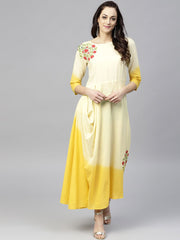 Yellow dyed Cowl Maxi dress with Round neck and 3/4 sleeves