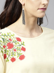 Yellow dyed Cowl Maxi dress with Round neck and 3/4 sleeves