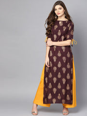 Maroon Boat neck half sleeve Printed kurta with yellow ankle length Palazzo