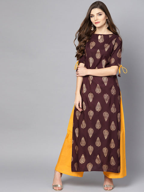 Maroon Boat neck half sleeve Printed kurta with yellow ankle length Palazzo