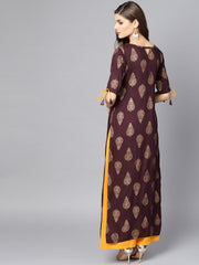 Maroon Boat neck half sleeve Printed kurta with yellow ankle length Palazzo