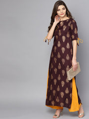 Maroon Boat neck half sleeve Printed kurta with yellow ankle length Palazzo
