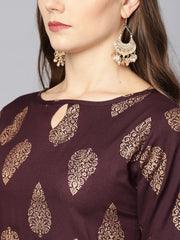 Maroon Boat neck half sleeve Printed kurta with yellow ankle length Palazzo