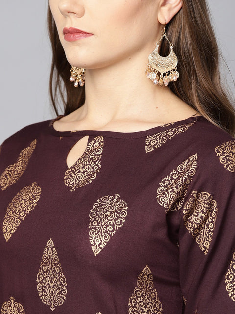 Maroon Boat neck half sleeve Printed kurta with yellow ankle length Palazzo