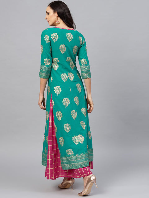 Green floral printed kurta Set with Checked Magenta skirt