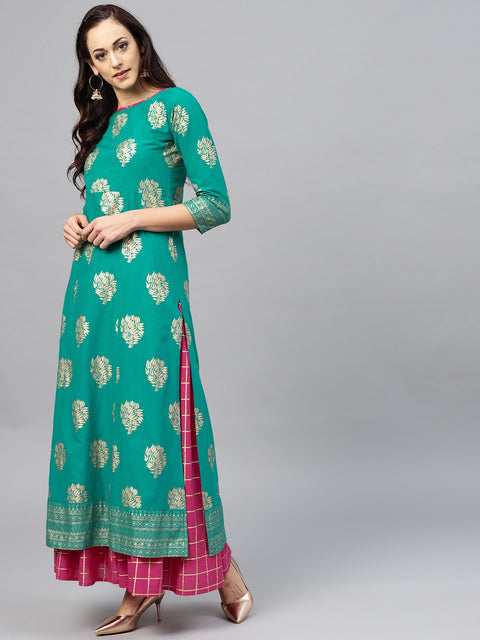 Green floral printed kurta Set with Checked Magenta skirt