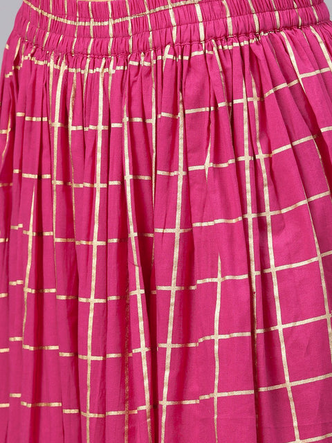 Green floral printed kurta Set with Checked Magenta skirt