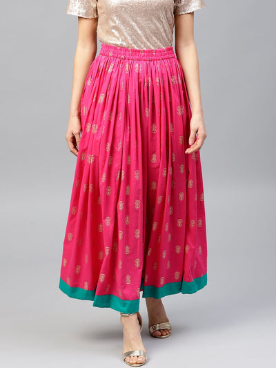 Magenta printed flared ankle length skirt