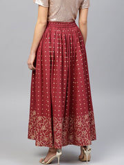 Maroon printed flared ankle length skirt