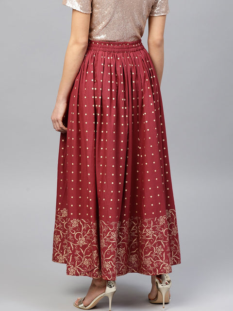 Maroon printed flared ankle length skirt