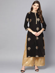 Black gold Printed 3/4th sleeve cotton Kurta set with mustard Palazzo