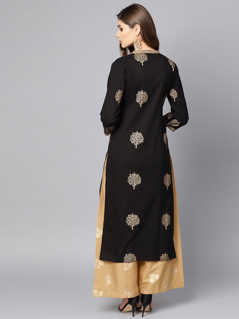 Black gold Printed 3/4th sleeve cotton Kurta set with mustard Palazzo