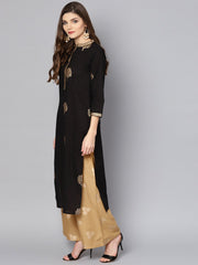 Black gold Printed 3/4th sleeve cotton Kurta set with mustard Palazzo