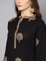 Black gold Printed 3/4th sleeve cotton Kurta set with mustard Palazzo