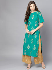 Green printed half sleeve kurta set with Mustard Palazzo