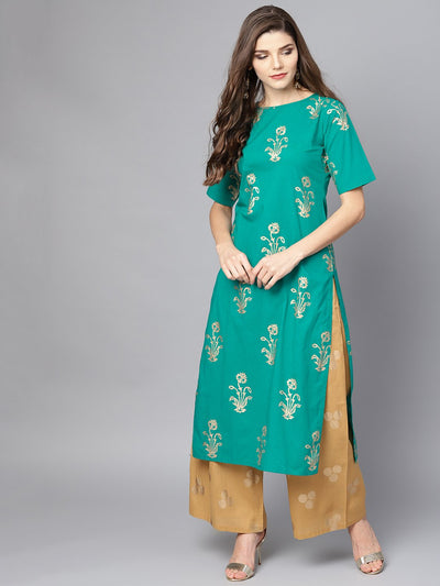 Green printed half sleeve kurta set with Mustard Palazzo