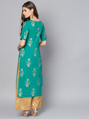 Green printed half sleeve kurta set with Mustard Palazzo