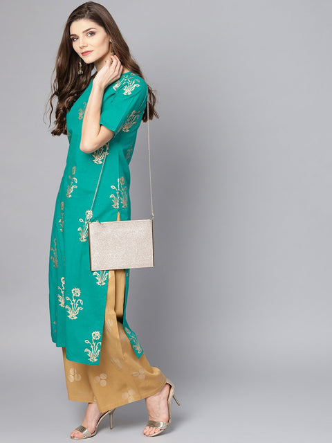 Green printed half sleeve kurta set with Mustard Palazzo