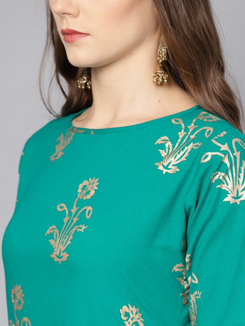 Green printed half sleeve kurta set with Mustard Palazzo