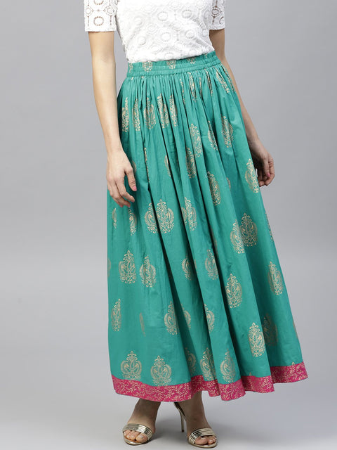 Green printed  flared ankle length skirt