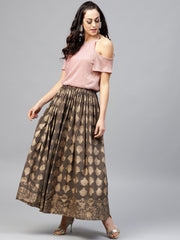 Mud brown printed flared ankle length skirt