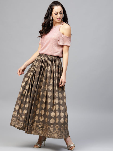 Mud brown printed flared ankle length skirt