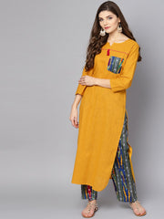 Yellow 3/4th sleeve cotton kurta with multi color ankle length pant