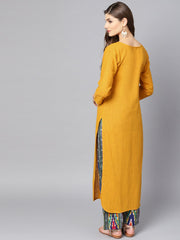 Yellow 3/4th sleeve cotton kurta with multi color ankle length pant