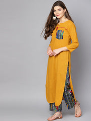 Yellow 3/4th sleeve cotton kurta with multi color ankle length pant