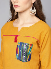 Yellow 3/4th sleeve cotton kurta with multi color ankle length pant