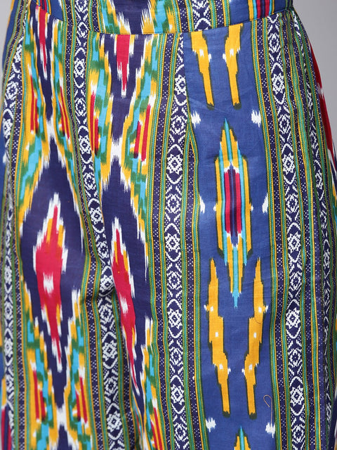 Yellow 3/4th sleeve cotton kurta with multi color ankle length pant