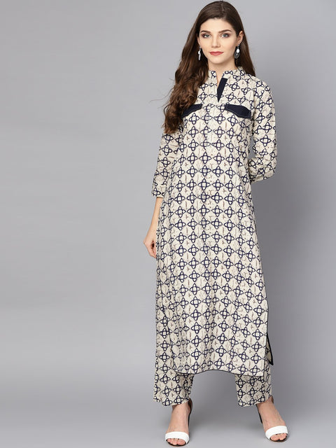 Off White Printed 3/4th sleeve cotton kurta with ankle length Palazzo