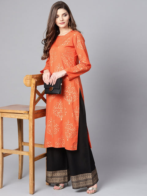 Orange printed kurta set with dark Brown Bordered Palazzo