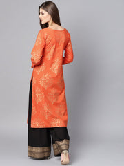 Orange printed kurta set with dark Brown Bordered Palazzo