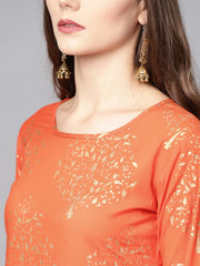Orange printed kurta set with dark Brown Bordered Palazzo