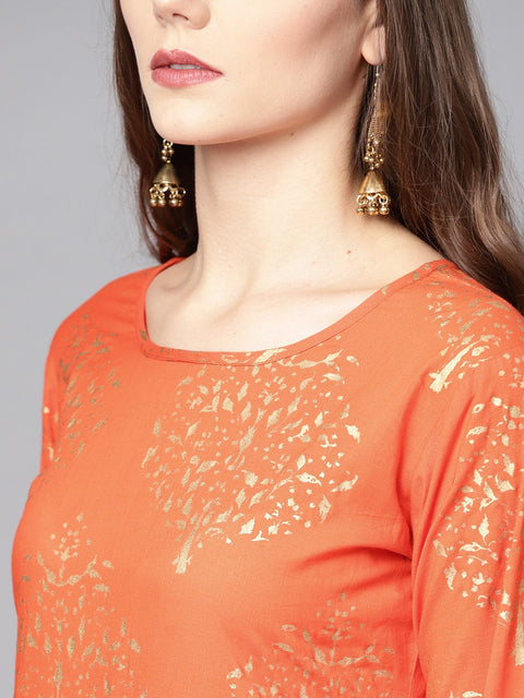 Orange printed kurta set with dark Brown Bordered Palazzo