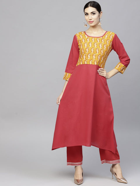 Round neck Red printed 3/4th sleeve cotton kurta set with Printed Masturd Palazzo