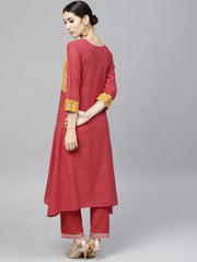 Round neck Red printed 3/4th sleeve cotton kurta set with Printed Masturd Palazzo