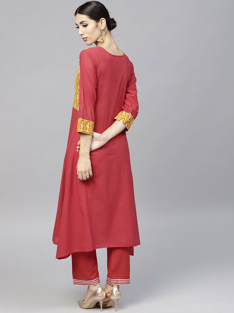 Round neck Red printed 3/4th sleeve cotton kurta set with Printed Masturd Palazzo