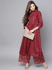 Maroon printed 3/4th sleeve a-line cotton Kurta with Printed ankle length Palazzo