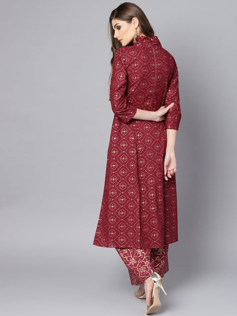 Maroon printed 3/4th sleeve a-line cotton Kurta with Printed ankle length Palazzo