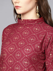 Maroon printed 3/4th sleeve a-line cotton Kurta with Printed ankle length Palazzo