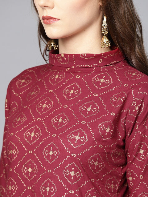 Maroon printed 3/4th sleeve a-line cotton Kurta with Printed ankle length Palazzo