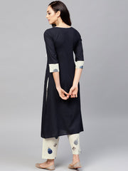 Navy Blue Front yoke kurta set with Printed Palazzo