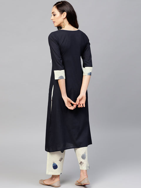 Navy Blue Front yoke kurta set with Printed Palazzo